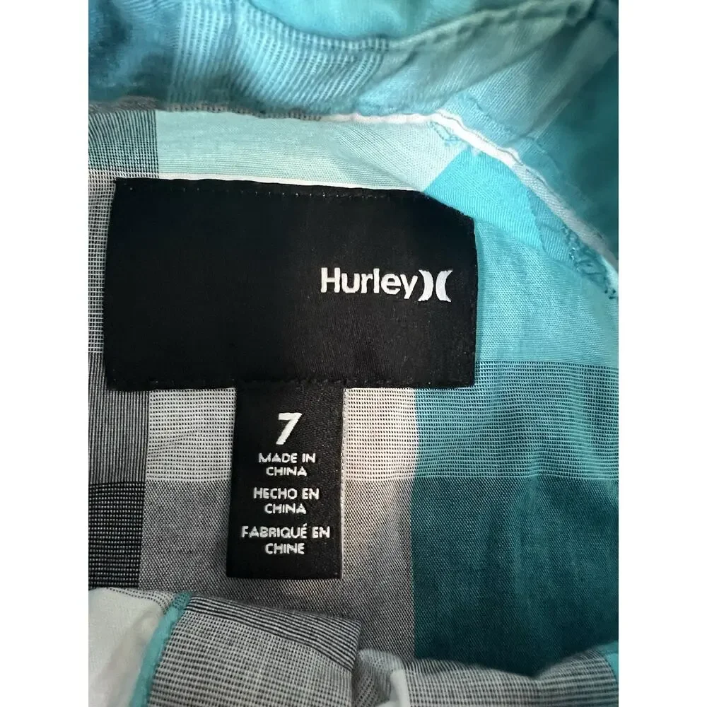 Hurley Boys 7 Plaid Button-Up Shirt Blue/Gray/White Cotton Collared Logo